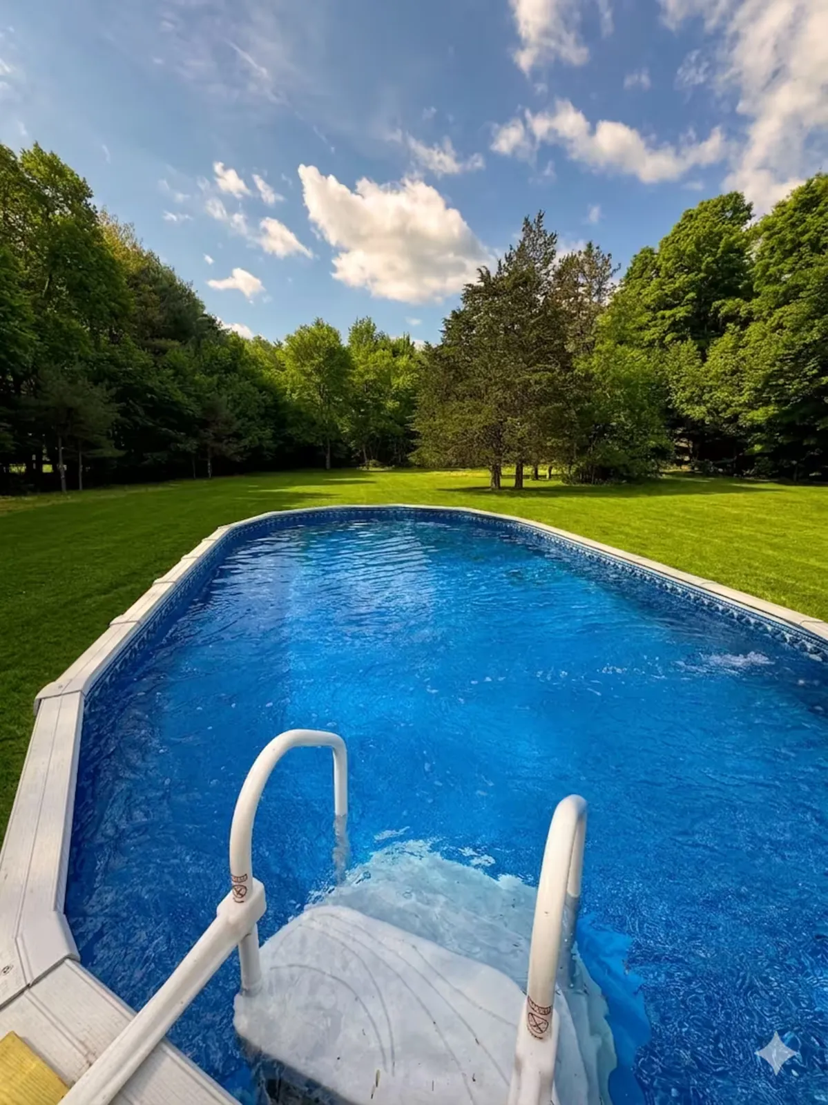The pool against two acres of open lawn and tree line