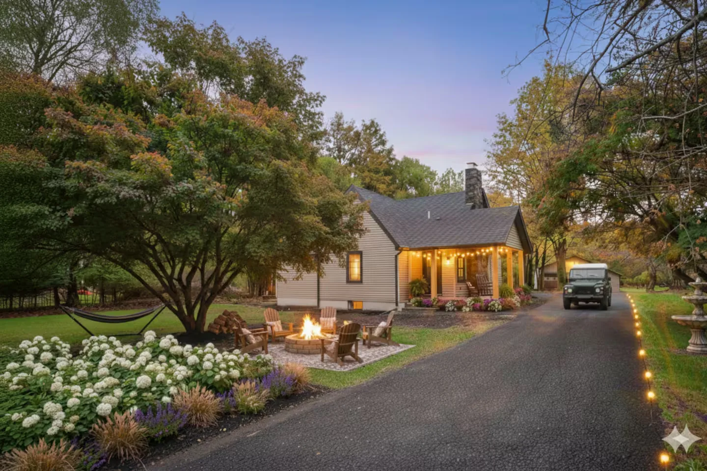Wildfield House at twilight, lit with string lights, fire pit glowing out front